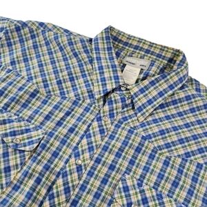Wrangler Western Pearl Snap Mens 3XL 3XB Big Blue Green Plaid Short Sleeve Rodeo